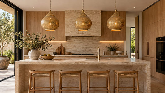 Handcrafted Moroccan brass pendant lights above an Australian kitchen island