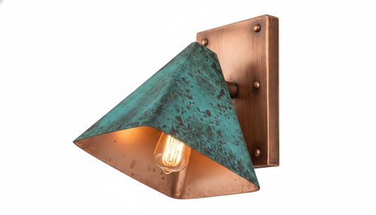 Modern Geometric Copper Wall Sconce – Verdigris Patina Pyramidal Shade | Handcrafted Industrial Bedside & Accent Wall Lamp