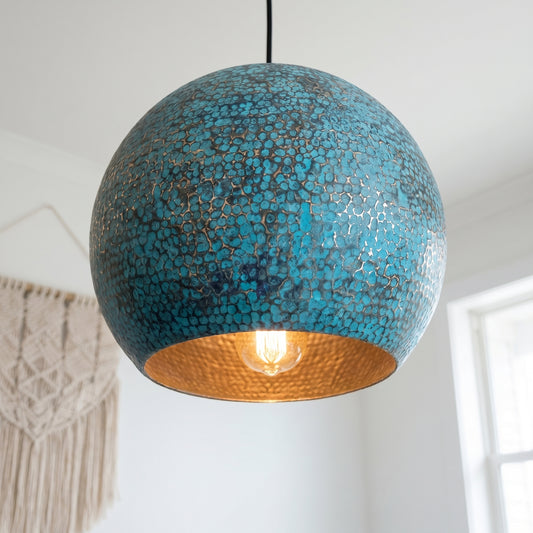 Turquoise Oxidized Hammered Copper Dome Pendant | Handcrafted Moroccan Artisan Lighting