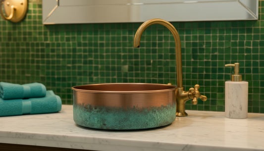 Handmade Copper Bathroom Sink – Cylindrical Vessel Bowl with Green Verdigris Patina | Countertop Moroccan Artisan Basin (Sink Only)