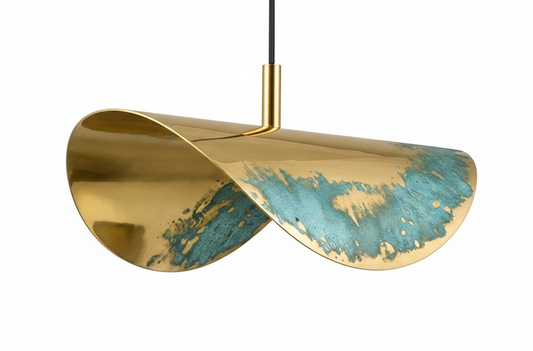 Modern Brass Pendant Light – Gold Leaf Sculptural Hanging Lamp | Luxury Handmade Verdigris & Teal Brass Art