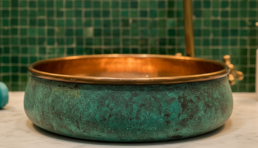 Two-Tone Round Hammered Copper Vessel Sink – Verdigris Patina Exterior & Rose Copper Basin | Luxury Handcrafted Moroccan Sink