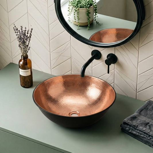 Two-Tone Hammered Copper Vessel Sink – Black & Rose Copper Basin | Luxury Handcrafted Moroccan Bathroom Sink