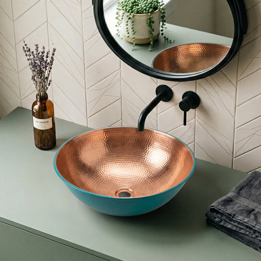 Turquoise Hammered Copper Vessel Sink – Rose Copper Interior Basin | Colorful Handcrafted Moroccan Bathroom Sink