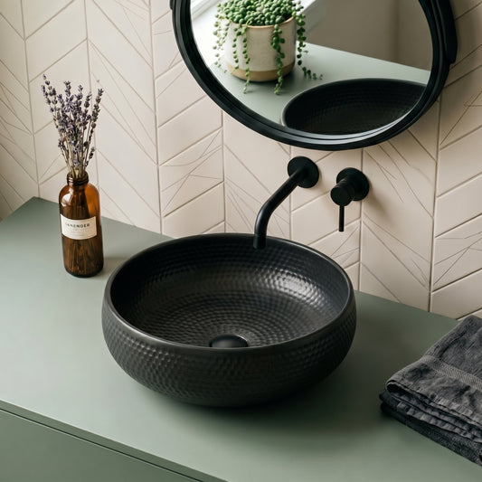 Matte Black Hammered Copper Vessel Sink – Low-Profile Wide Bowl | Minimalist Bathroom Basin Handcrafted by Moroccan Artisans