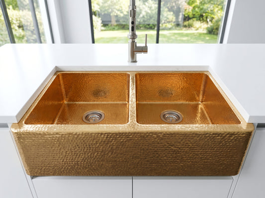 Hand Hammered Brass Farmhouse Kitchen Sink – Double Bowl Luxury Apron-Front Fixture | Custom Moroccan Handcrafted Luxury Sink