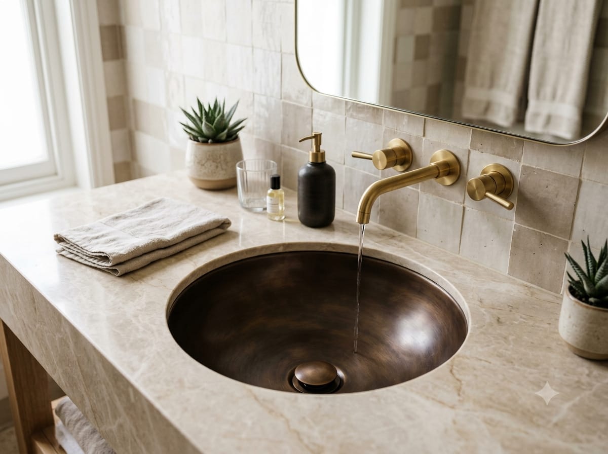 40cm solid bronze undermount basin with wall-mounted brass faucet – Sahara Collection Australia
