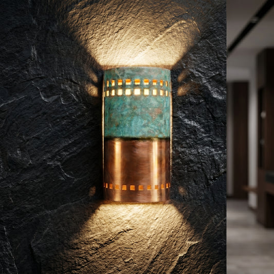 Handcrafted Copper Wall Sconce – Rustic Verdigris Patina Light | Moroccan Cylindrical Dual-Finish Interior Accent Lamp
