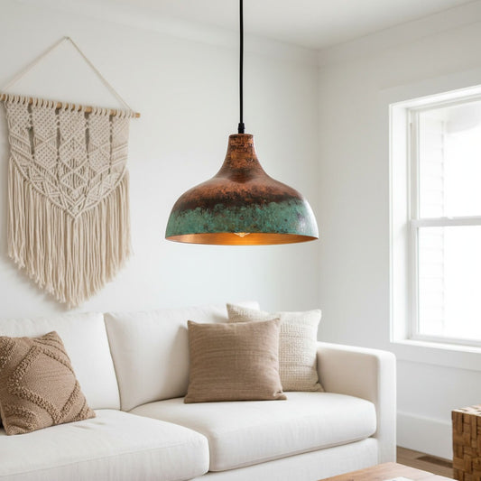 Rustic Aged Copper Pendant Light – Handcrafted Verdigris Green Patina Lamp | Moroccan Dome Farmhouse Ceiling Fixture