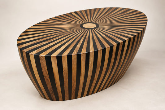 Handcrafted walnut and black resin coffee table with sunburst design by Sahara Collection