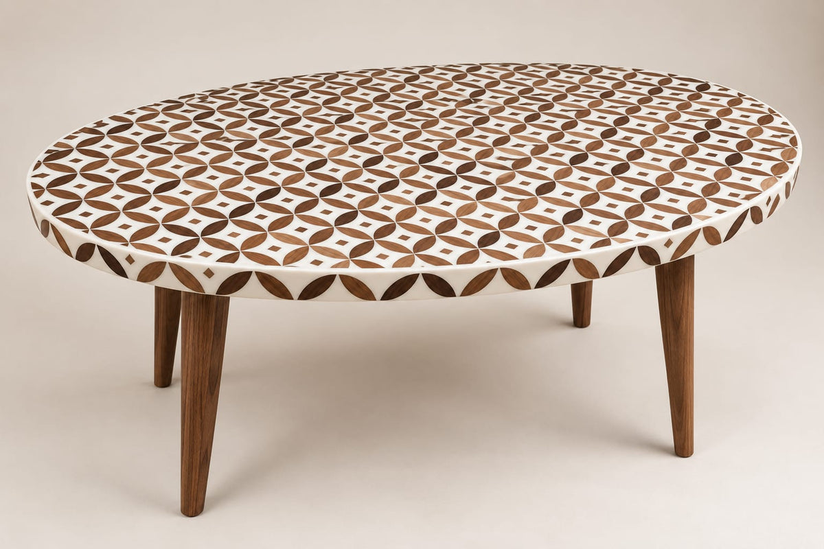 Handcrafted walnut and resin oval coffee table with Moroccan geometric inlay