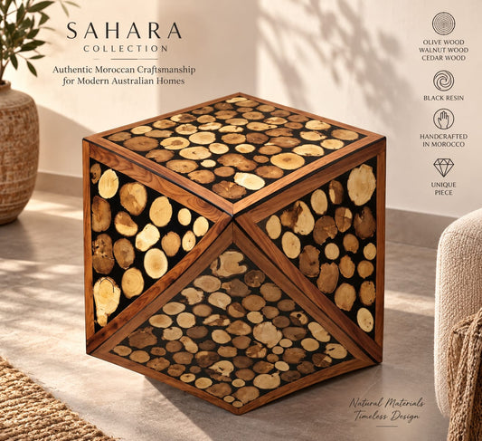 Handcrafted Moroccan olive, walnut and cedar wood side table with black resin by Sahara Collection.