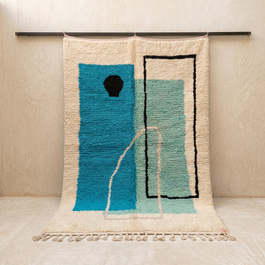 Minimalist Abstract Berber Rug | Handmade Moroccan Wool Area Rug | Modern Blue & Turquoise Geometric Carpet