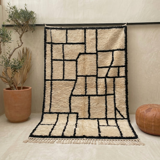 Handmade Moroccan Berber Wool Rug | Minimalist Geometric Black & Ivory Area Rug | Modern Architectural Artisan Carpet.