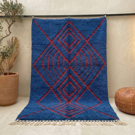 Geometric Royal Blue & Red Berber Rug | Handmade Moroccan Wool Rug | Modern Artisan Shag Carpet | Custom Sizes Available