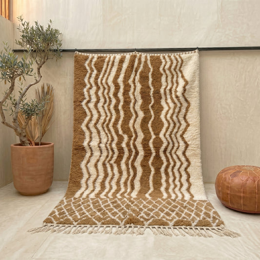Organic Earthy Berber Rug | Handmade Moroccan Wool Rug | Wavy Line Beni Ourain Carpet | Custom Size Available