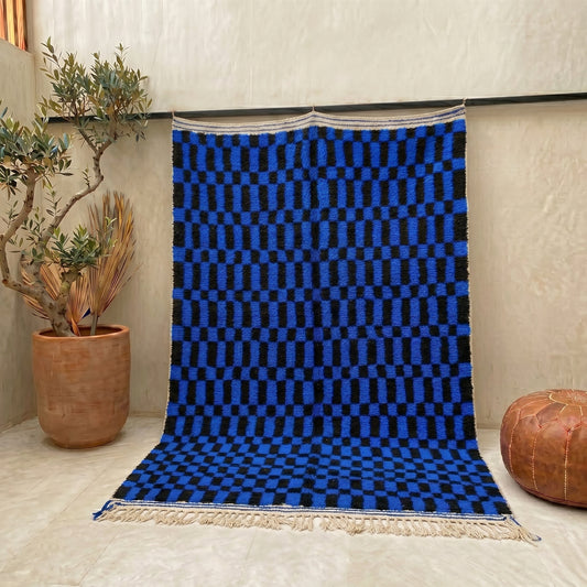 Blue & Black Checkered Berber Rug | Handmade Moroccan Wool Rug | Modern Graphic Shag Carpet | Custom Size Available