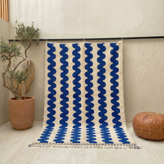 Wavy Blue & Cream Berber Rug | Handmade Moroccan Wool Rug | Modern Minimalist Shag Carpet | Custom Size Available