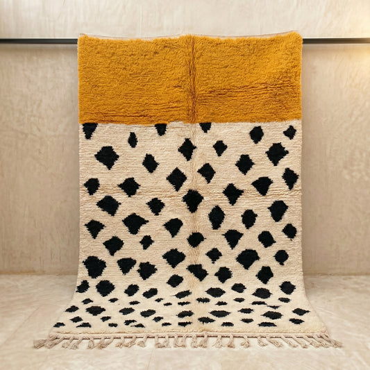 Mustard Yellow Berber Rug | Handmade Moroccan Wool Area Rug | Modern Boho Carpet | Abstract Black & Ivory High-Pile Rug