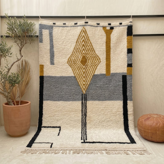 Handmade Moroccan Berber Wool Rug | Modern Abstract Gold Diamond Area Rug | Luxury Cream, Grey & Mustard Artisan Carpet