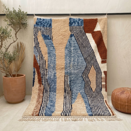 Artistic Abstract Berber Rug │ Flowing Blue & Terracotta Wool Carpet │ Modern Statement Floor Art
