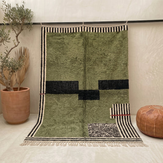 Modernist Olive Green Berber Rug │ Graphic Brutalist Wool Carpet │ Structured Abstract Statement Floor Art (110/140)