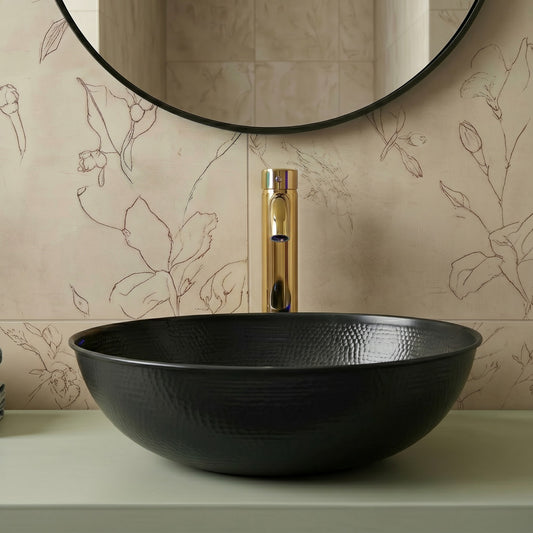 Black Hammered Copper Bowl Sink – Hand-Beaten Round Vessel Sink | Luxury Handcrafted Moroccan Artisan Home Decor