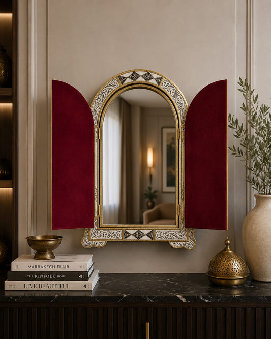 Handcrafted Moroccan Bone Inlay Mirror – Arched Brass Wall Mirror