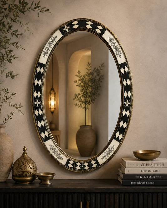Handcrafted Moroccan Oval Mirror – Bone Inlay & Brass Wall Mirror