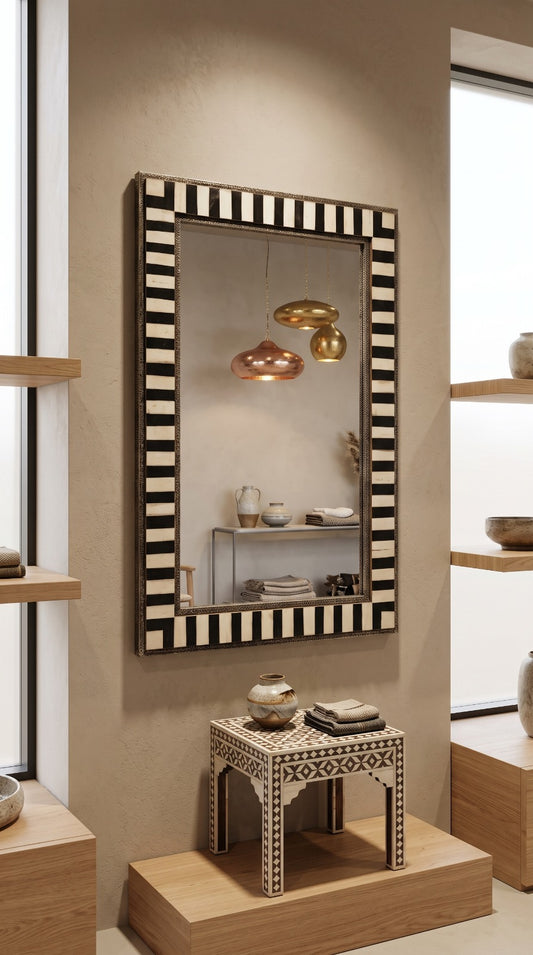 Handcrafted Moroccan Black & Ivory Mirror – Artisan Framed Wall Mirror