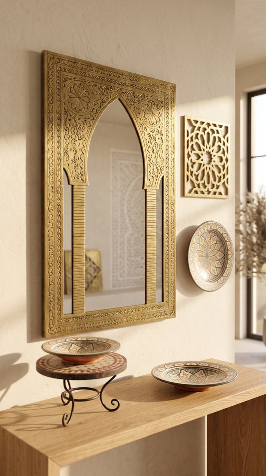 Handcrafted Moroccan Arched Gold Wall Mirror – Ornate Moorish Statement Mirror