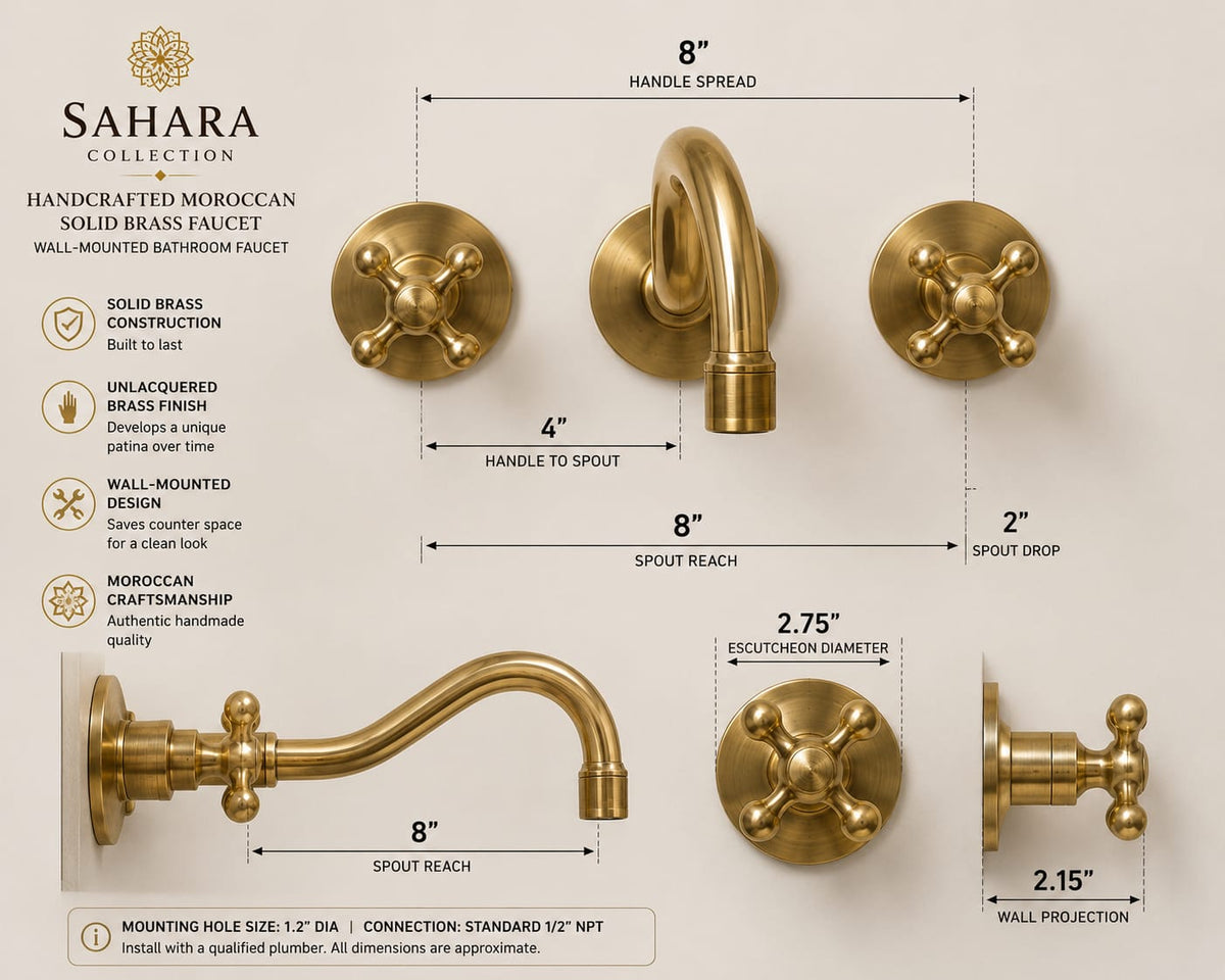 A product information graphic for the Sahara Collection handcrafted Moroccan solid brass faucet. The image displays multiple views of the brass faucet with dimension annotations (such as 8" handle spread, 4" spout reach, and 2" spout drop) and text detailing its solid brass construction, unlacquered brass finish, and wall-mounted design.