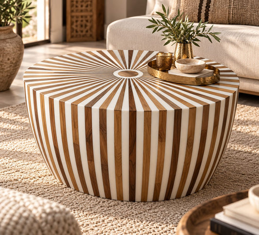 Atlas Sunburst Walnut & Resin Coffee Table – Oval or Round