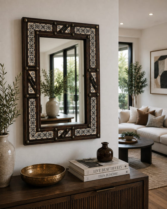 Handcrafted Moroccan Bone Inlay Mirror – Wood & Brass Rectangular Wall Mirror