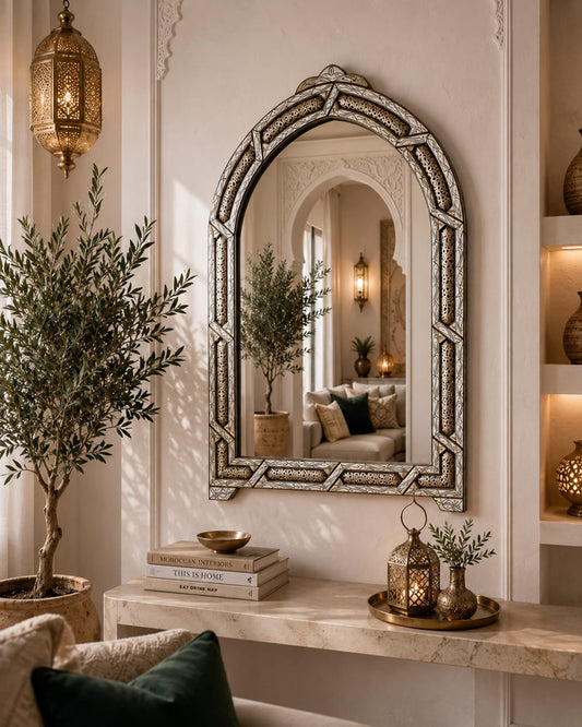 Handcrafted Moroccan Bone & Silver Arch Wall Mirror – Artisan Statement Mirror