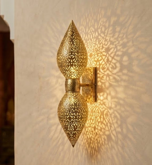 Boho Handcrafted Wall Sconce – Hand-Pierced Brass Double-Teardrop Lamp | Authentic Moroccan Riad Style Lighting