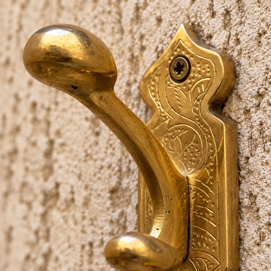 Close-up of engraved solid brass Moroccan wall hook craftsmanship