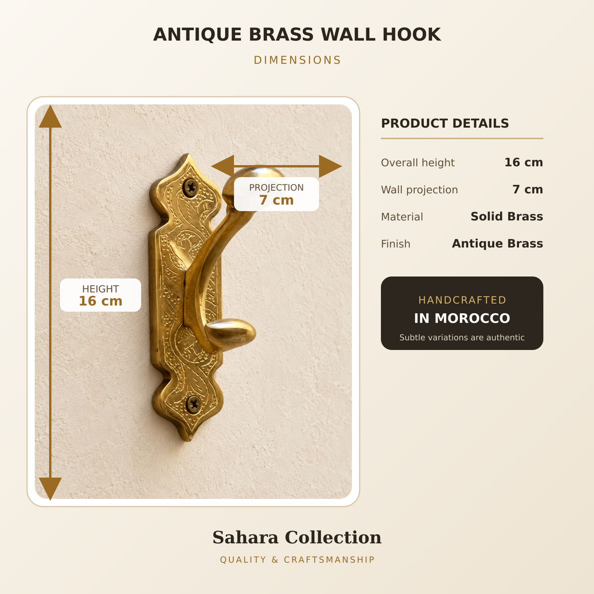 Antique brass wall hook dimensions: 16 cm high and 7 cm projection