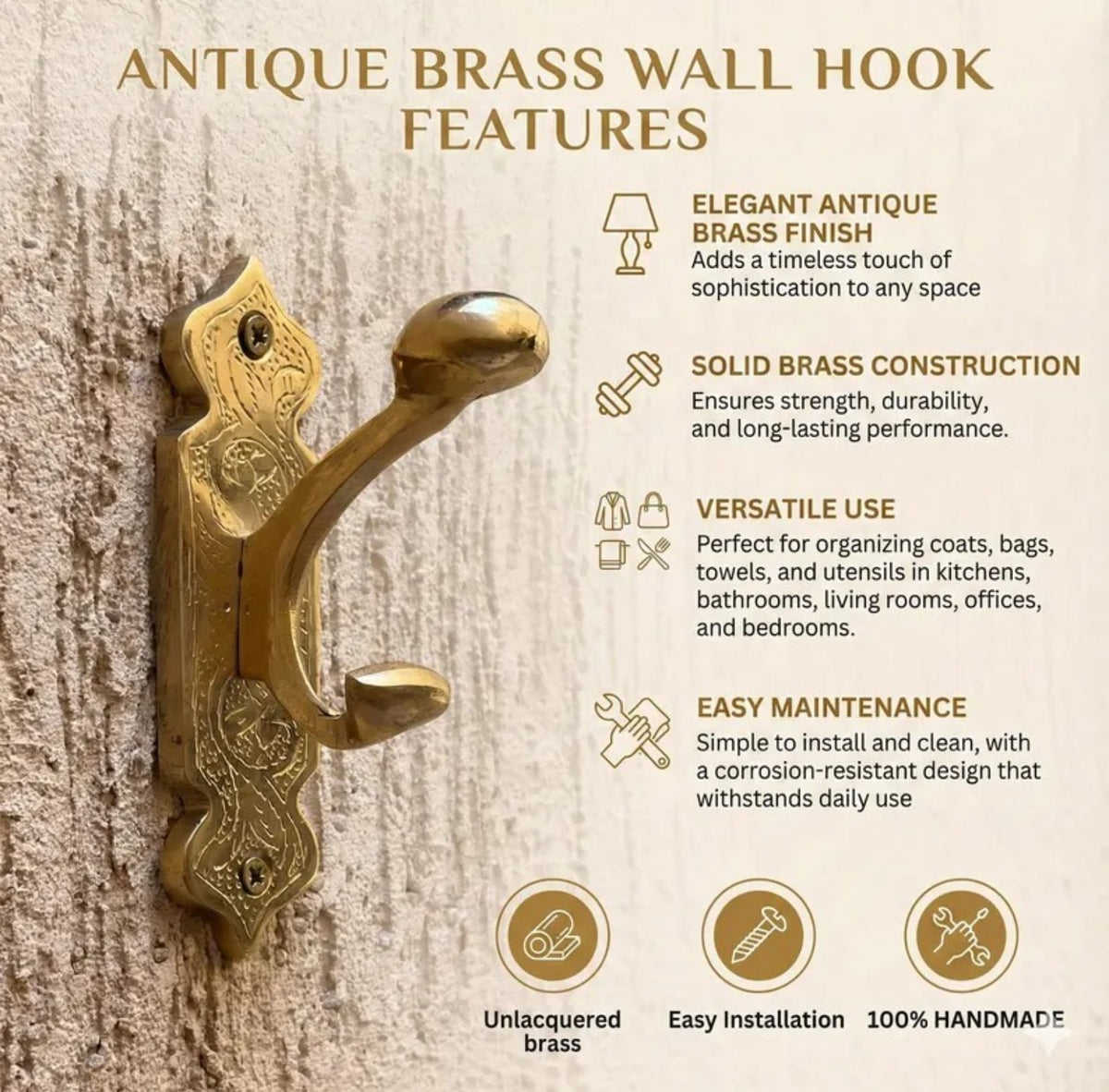 Antique brass wall hook features and uses