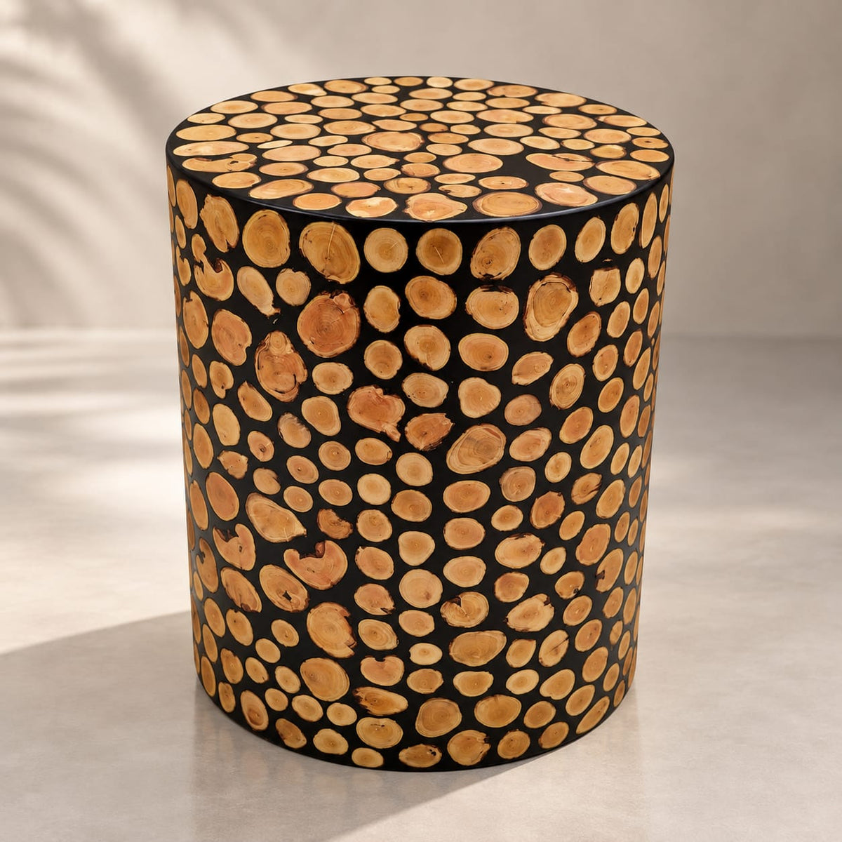 Handcrafted Moroccan olive wood and black resin side table by Sahara Collection