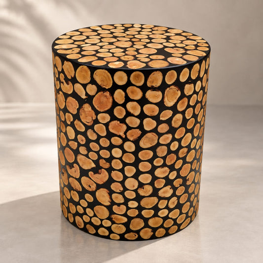 Handcrafted Moroccan olive wood and black resin side table by Sahara Collection