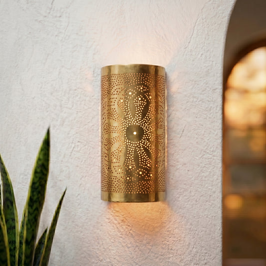 Handcrafted Brass Wall Sconce – Pierced Floral Mandala Half-Cylinder Lamp | Modern Moroccan Riad Style Lighting