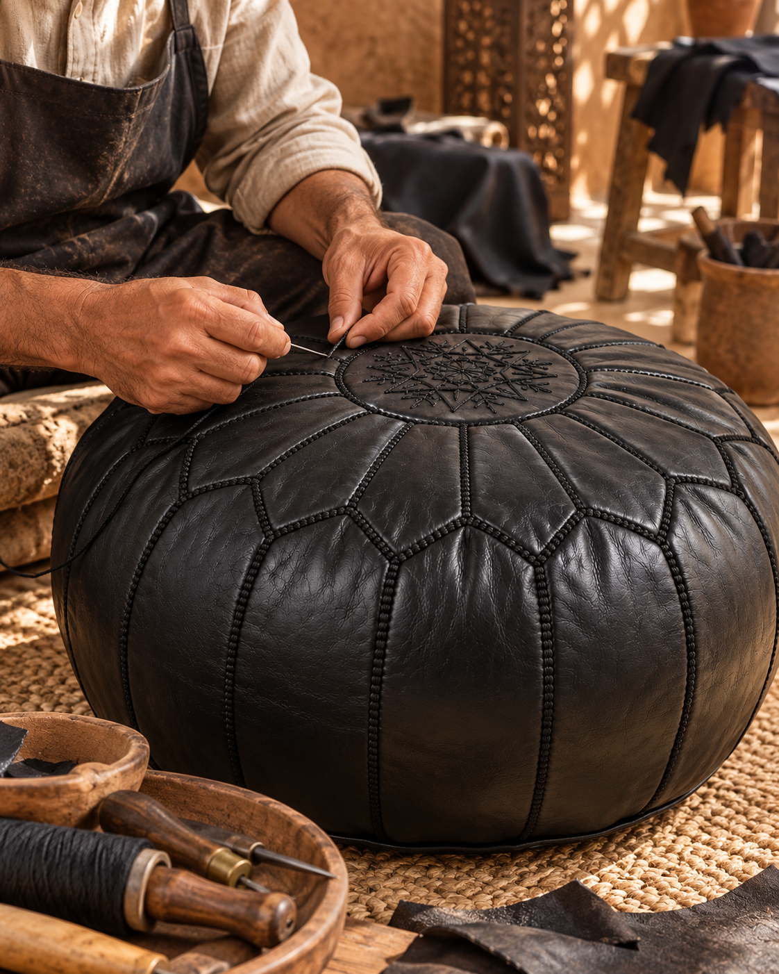 Moroccan artisan hand stitching a black leather pouf in Marrakech