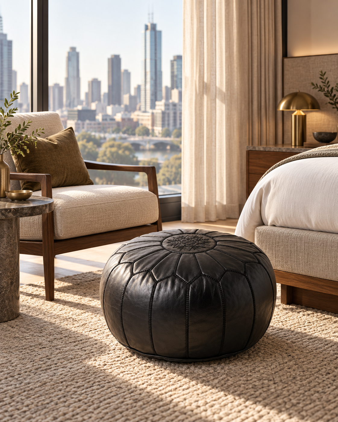 Black Moroccan leather pouf styled in a luxury Melbourne hotel suite