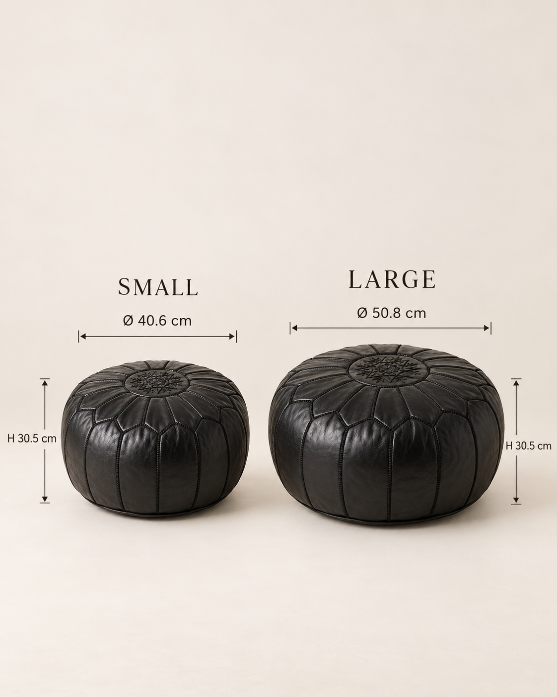 Black Moroccan leather pouf size guide in centimetres for small and large sizes