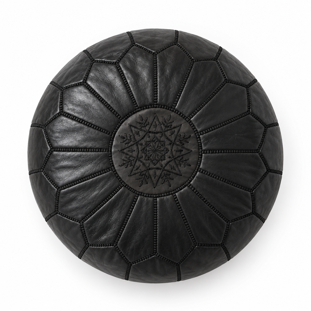 Top view of a black Moroccan leather pouf on a white background