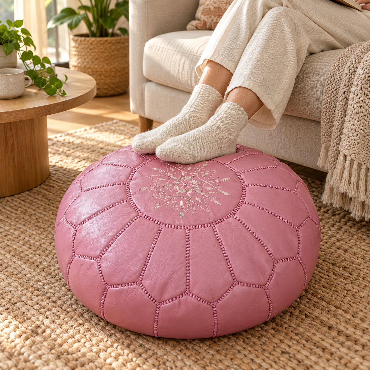 Person resting their feet on a blush pink Moroccan pouf