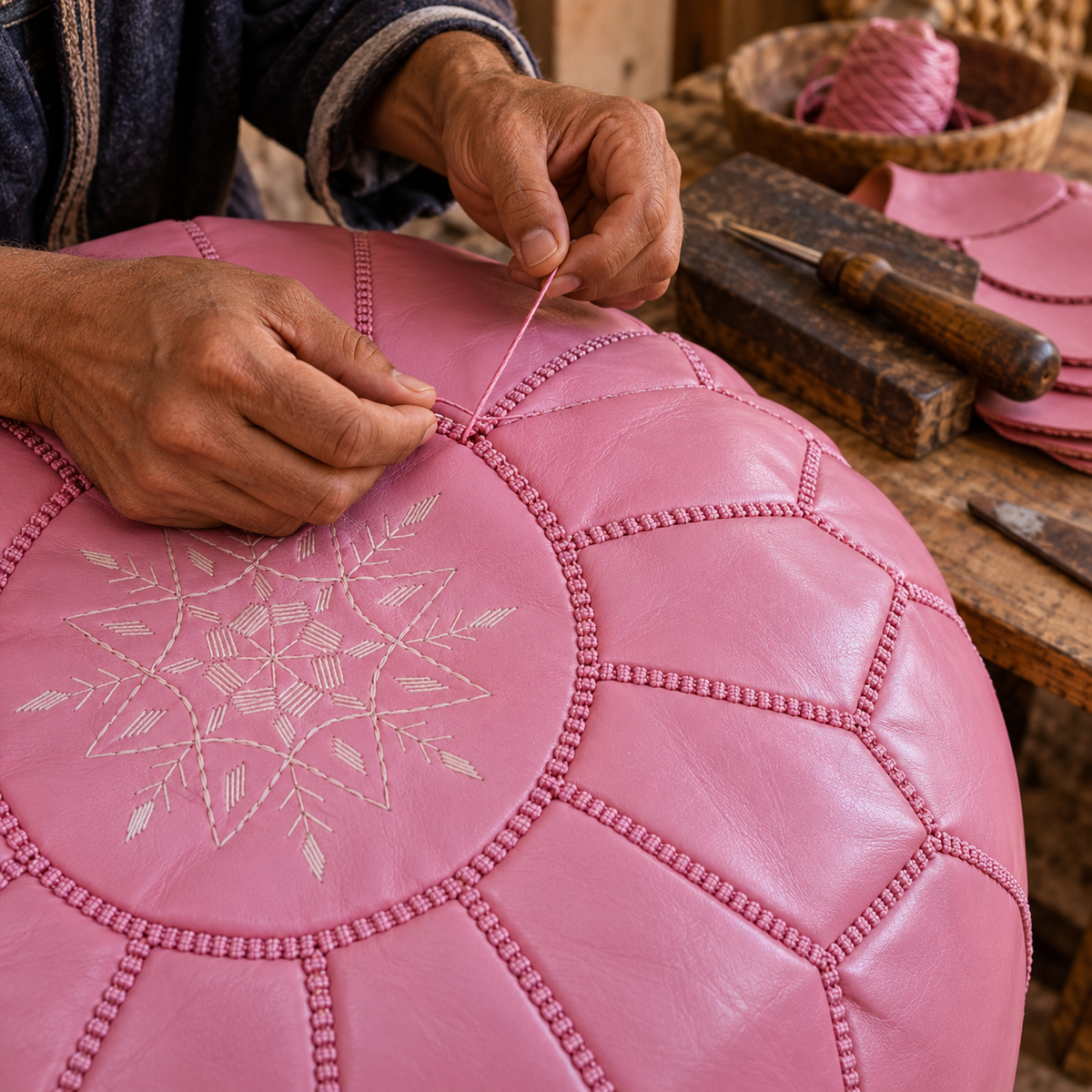 Marrakech artisan hand stitching a blush pink leather pouf