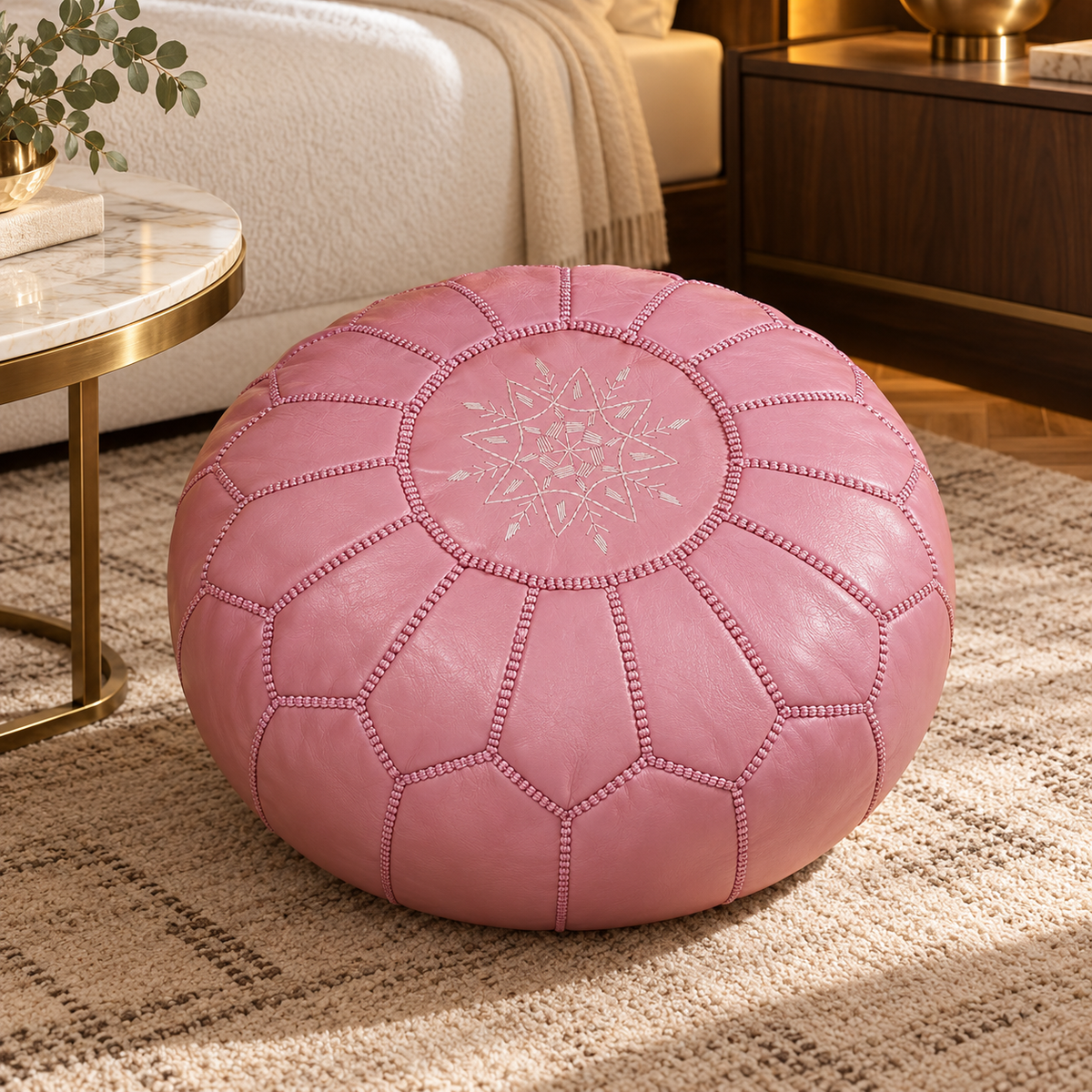 Blush pink leather pouf in a Melbourne boutique hotel