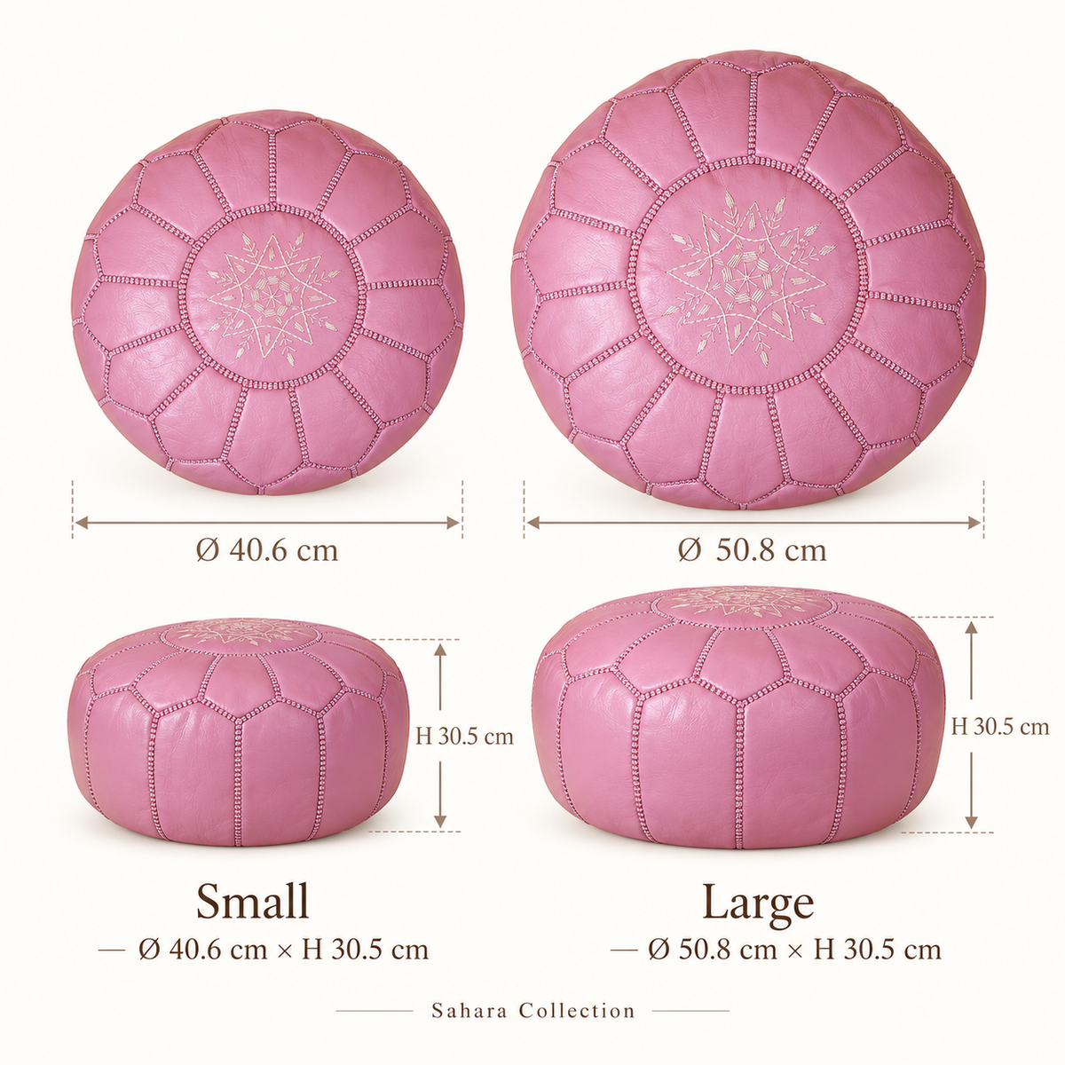 Size guide for small and large blush pink Moroccan poufs